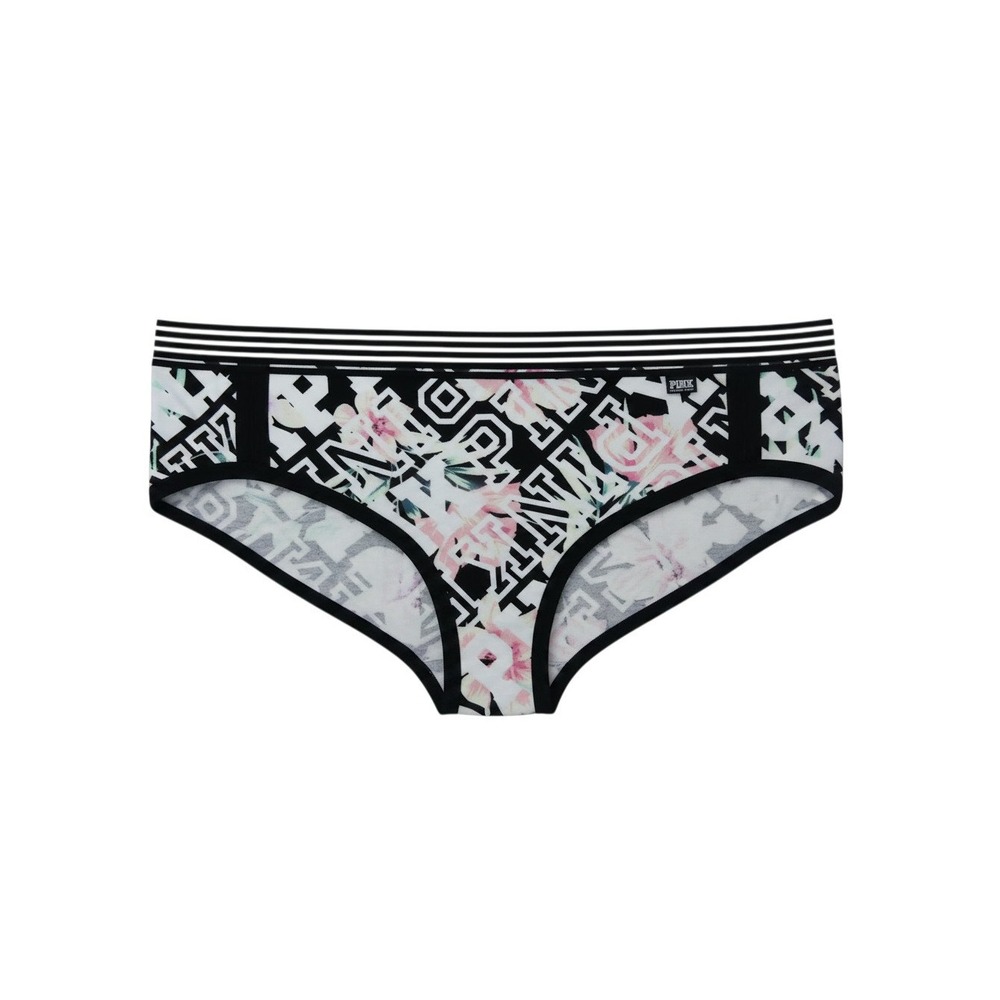 Victoria's Secret PINK Hiphugger Womens L Black Floral Logo Stripe Panty